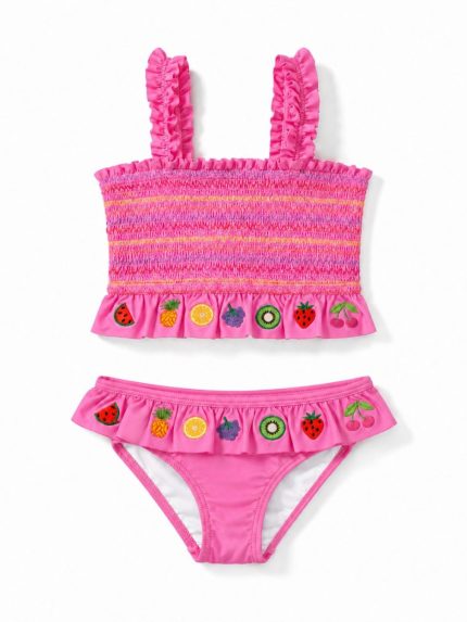 UV Korumalı Meyve Nakışlı Fırfırlı Kız Çocuk Bikini
